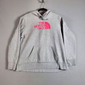 The North Face Sweater Womens XL Long Sleeve Hooded Hoodie Spell Out Gray Pink